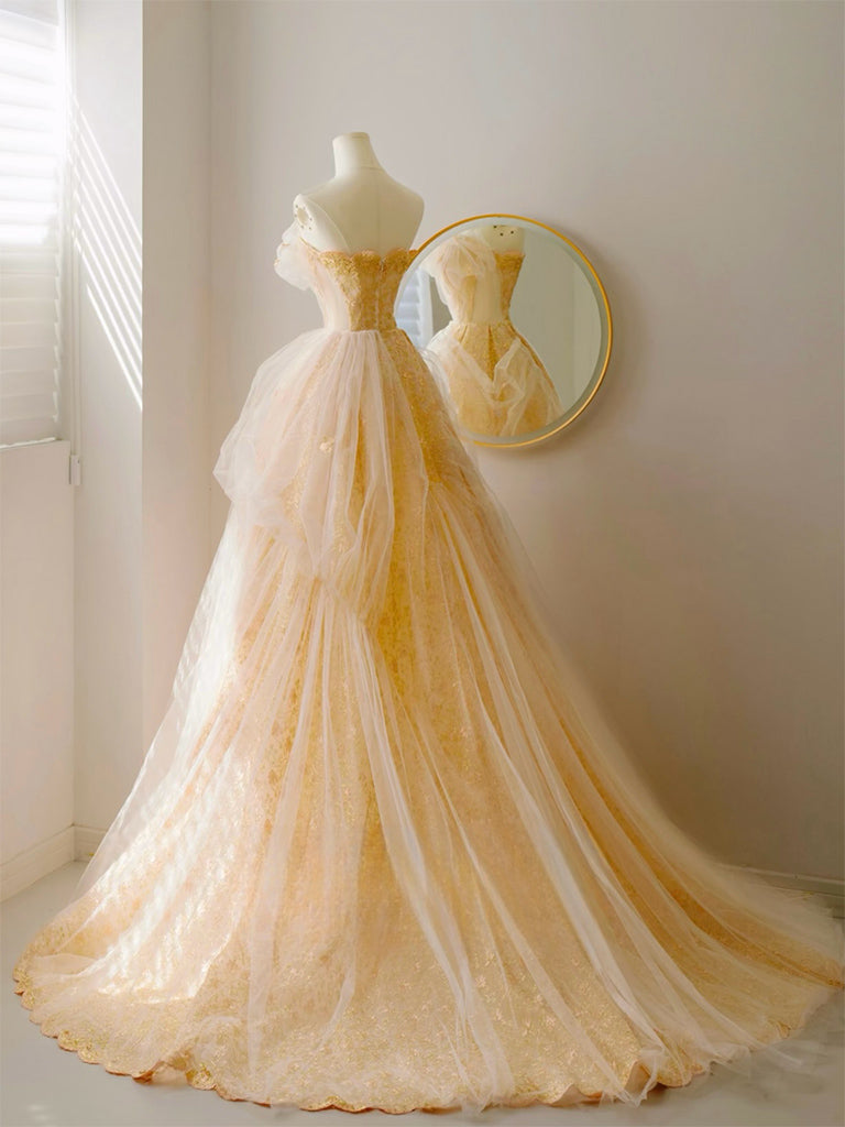 A-Line Tulle Lace Champagne Long Prom Dress, Champagne Long Formal Dress US 10 / Champagne A-Line Tulle Lace Champagne Long Prom Dress, Champagne Long Formal Dress US 10 / Champagne