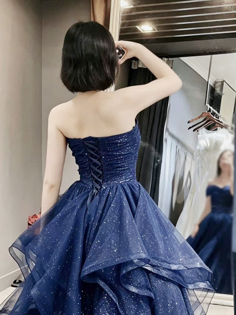 blue a line dress formal A-Line Sweetheart Neck Tulle Long Prom Dress, Dark Long Dr – shopluu LC_badge::Almost Gone