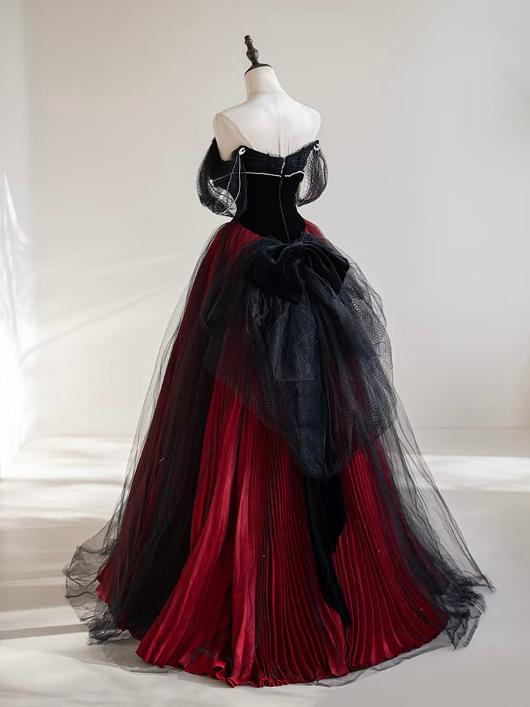 A-Line Off Shoulder Tulle Black/Burgundy Long Prom Dress US 12 / Black/Burgundy A-Line Off Shoulder Tulle Black/Burgundy Long Prom Dress US 12 / Black/Burgundy