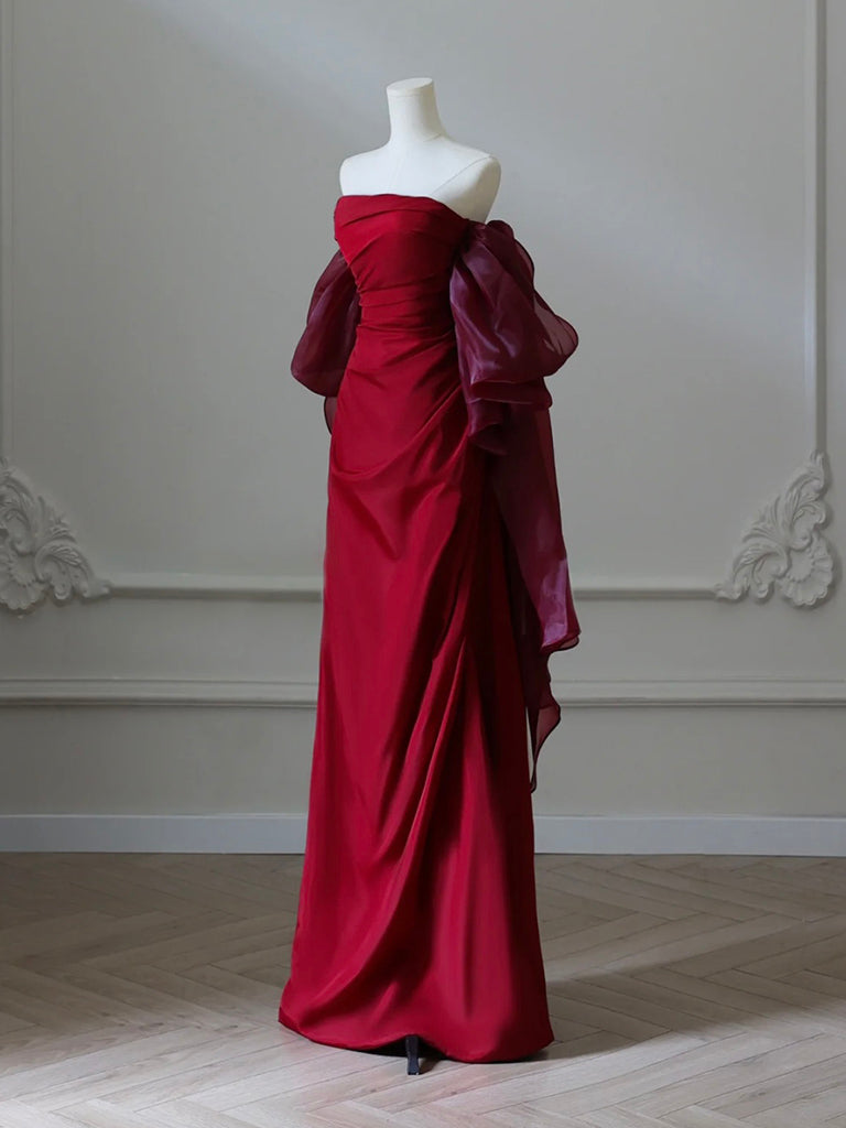A-Line Satin Burgundy Long Prom Dress, Burgundy Long Evening Dress