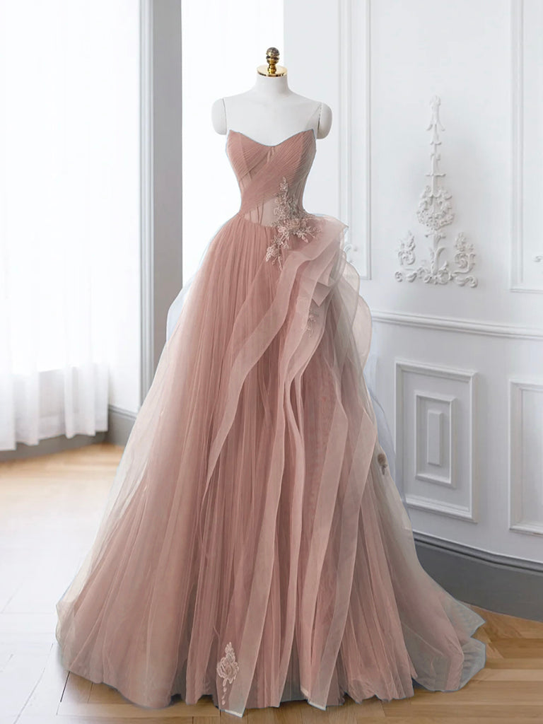 Pink A-Line Off Shoulder Long Prom Dress, Pink Lace Long Evening Dress shopluu Pink A-Line Off Shoulder Long Prom Dress, Pink Lace Long Evening Dress shopluu