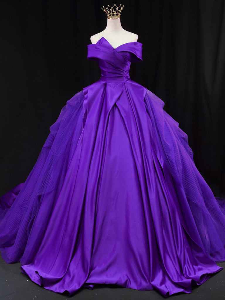 Off Shoulder Tulle Satin Blue Long Prom Gown, Blue Long Evening Dress