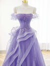 A-Line Off Shoulder Tulle Lace Purple Long Prom Dress, Purple Lace Long Formal Dress