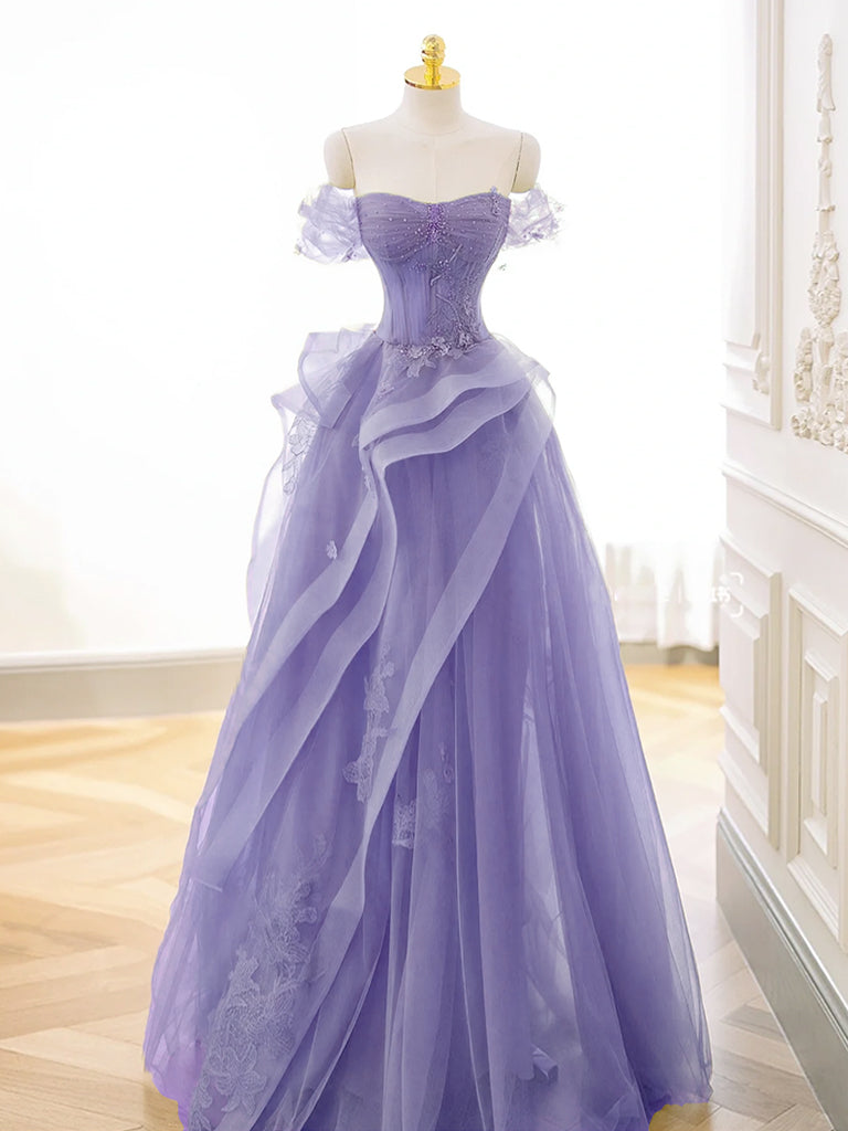 A-Line Off Shoulder Tulle Lace Purple Long Prom Dress, Purple Lace