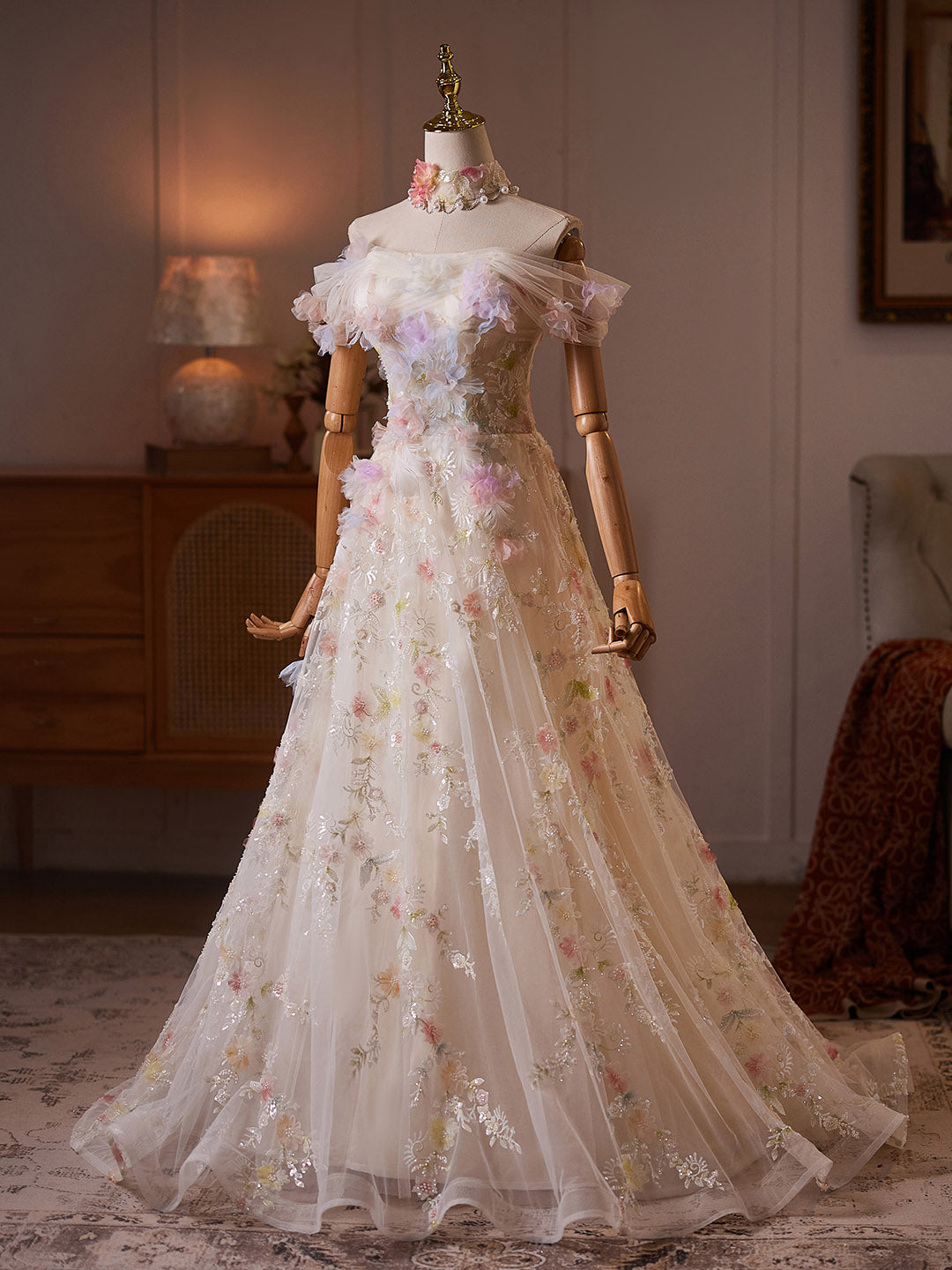 A-line Off Shoulder Tulle Lace Light Champagne Long Prom Dress