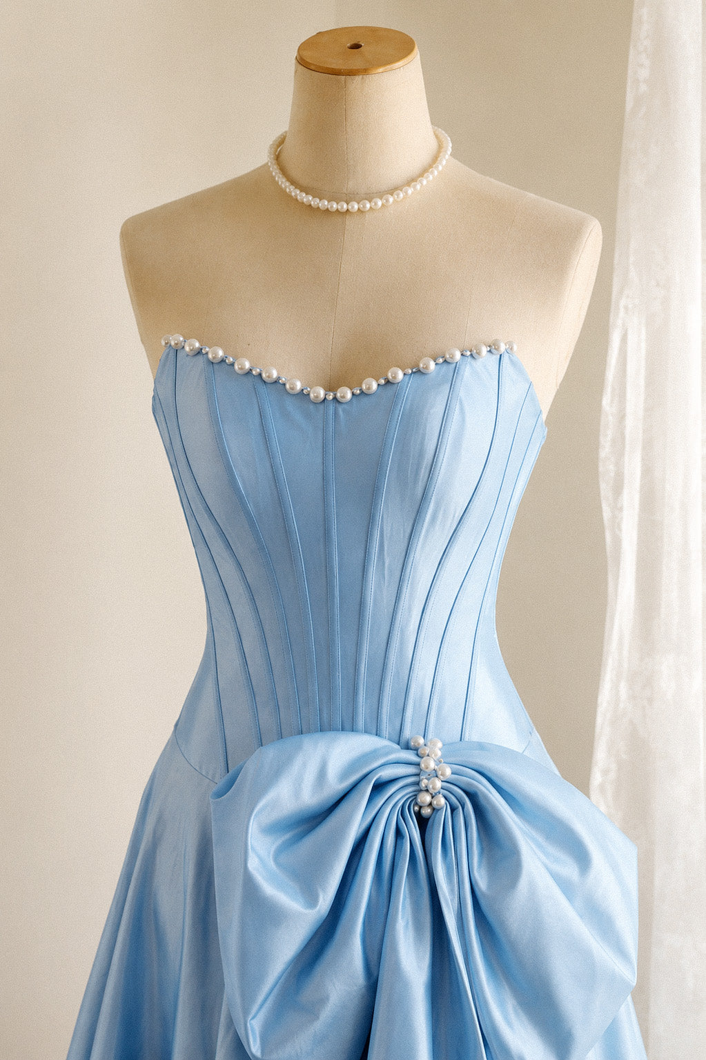Elegant A-line Satin Floor Length Blue Prom Dress with Beads