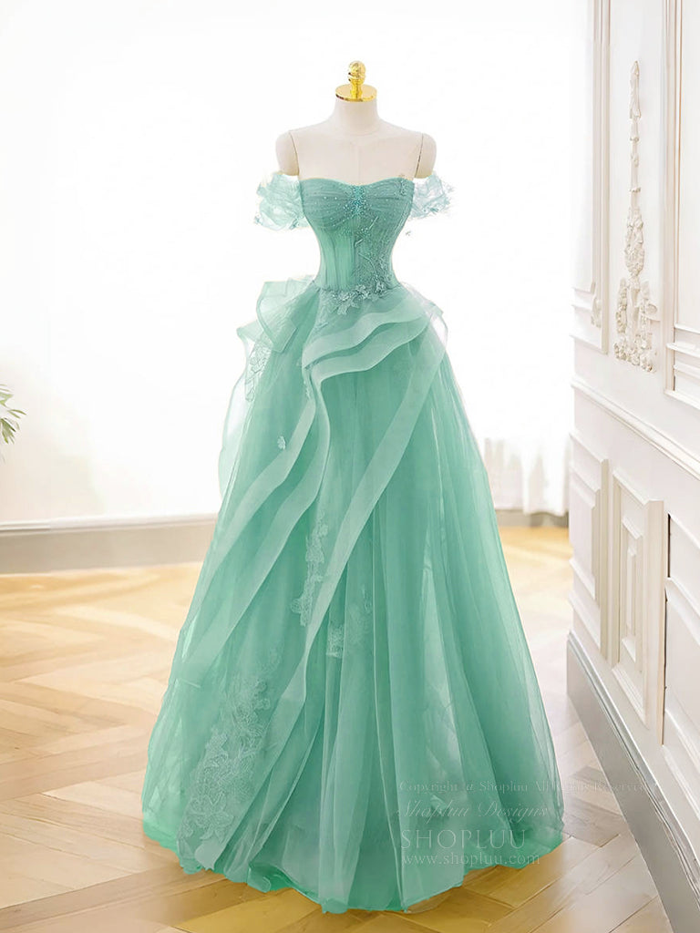A-Line Off Shoulder Tulle Lace Mint Blue Long Prom Dress, Mint Blue Lo