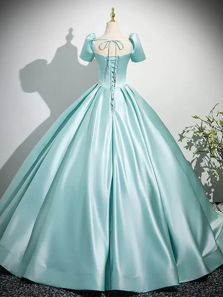 light teal prom dress A-Line Puff Sleeves Satin Mint Blue Long Prom Dress, Mint Blue Long Formal Dress US 6 / Mint Blue