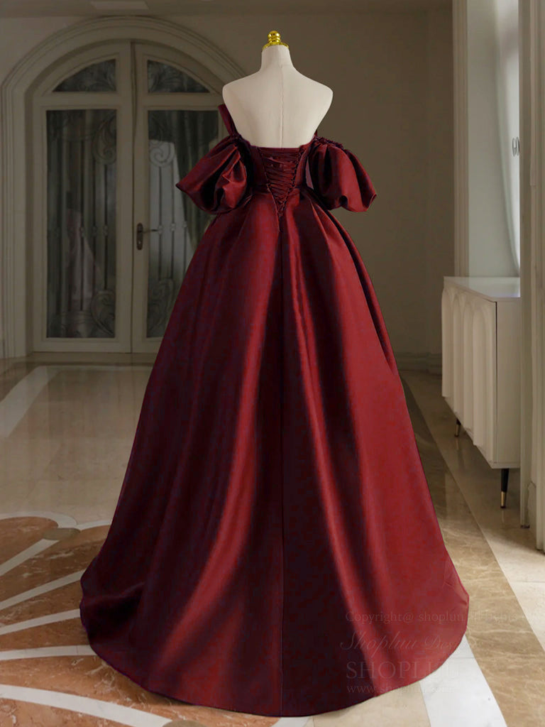 A-Line V Neck Satin Burgundy Long Prom Dress, Burgundy Long Formal Dre
