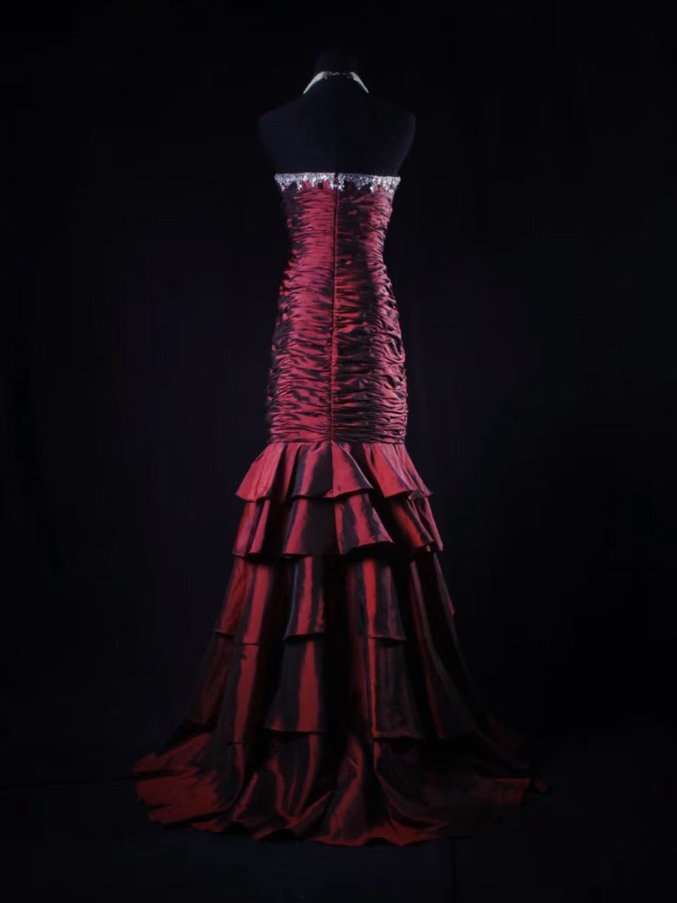 Mermaid Sweetheart Neck Taffeta Ruffles Burgundy Long Prom Dress with Beads