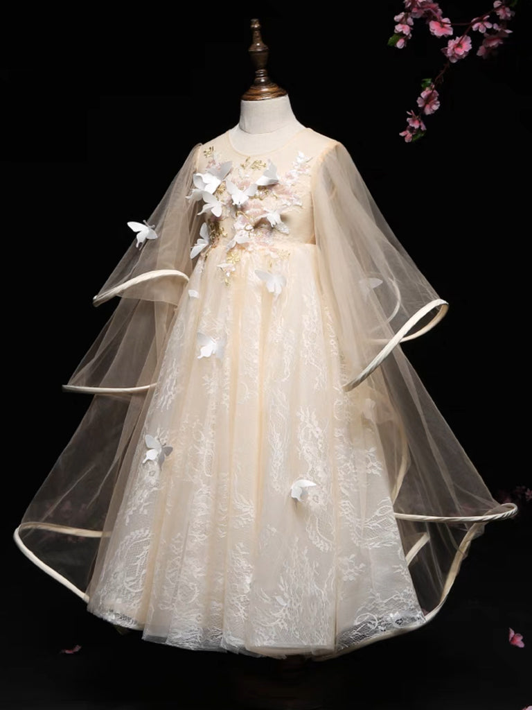 A-Line Tulle Lace Butterfly Champagne Flower Girl Dress 10 / Champagne A-Line Tulle Lace Butterfly Champagne Flower Girl Dress 10 / Champagne