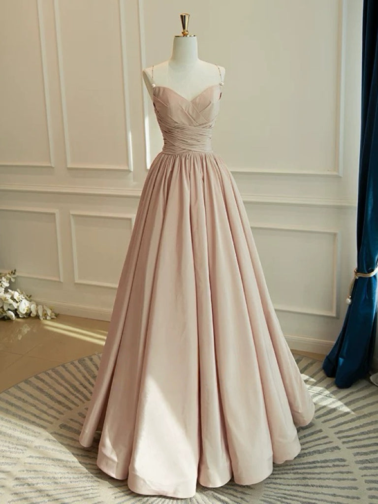 A-Line V Neck Taffeta Champagne Long Prom Dress, Champagne Long Evenin – shopluu