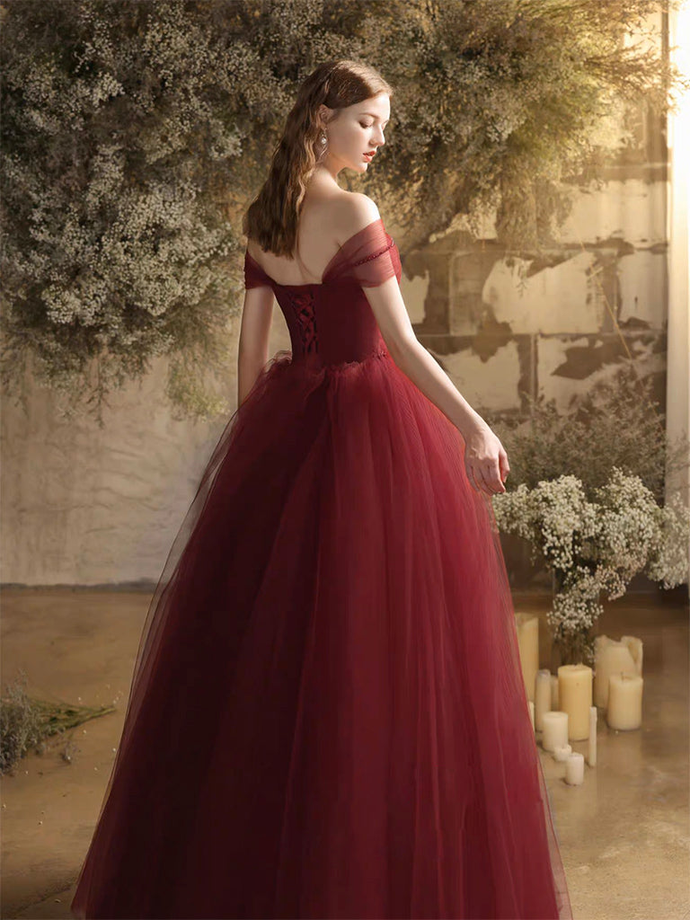 Burgundy Tulle Long A-Line Prom Dress, Off the Shoulder Evening Party Dress US 8 / Burgundy Burgundy Tulle Long A-Line Prom Dress, Off the Shoulder Evening Party Dress US 8 / Burgundy