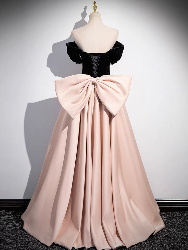A-Line Off Shoulder Satin Champagne Long Prom Dress, Champagne Long Evening Dress