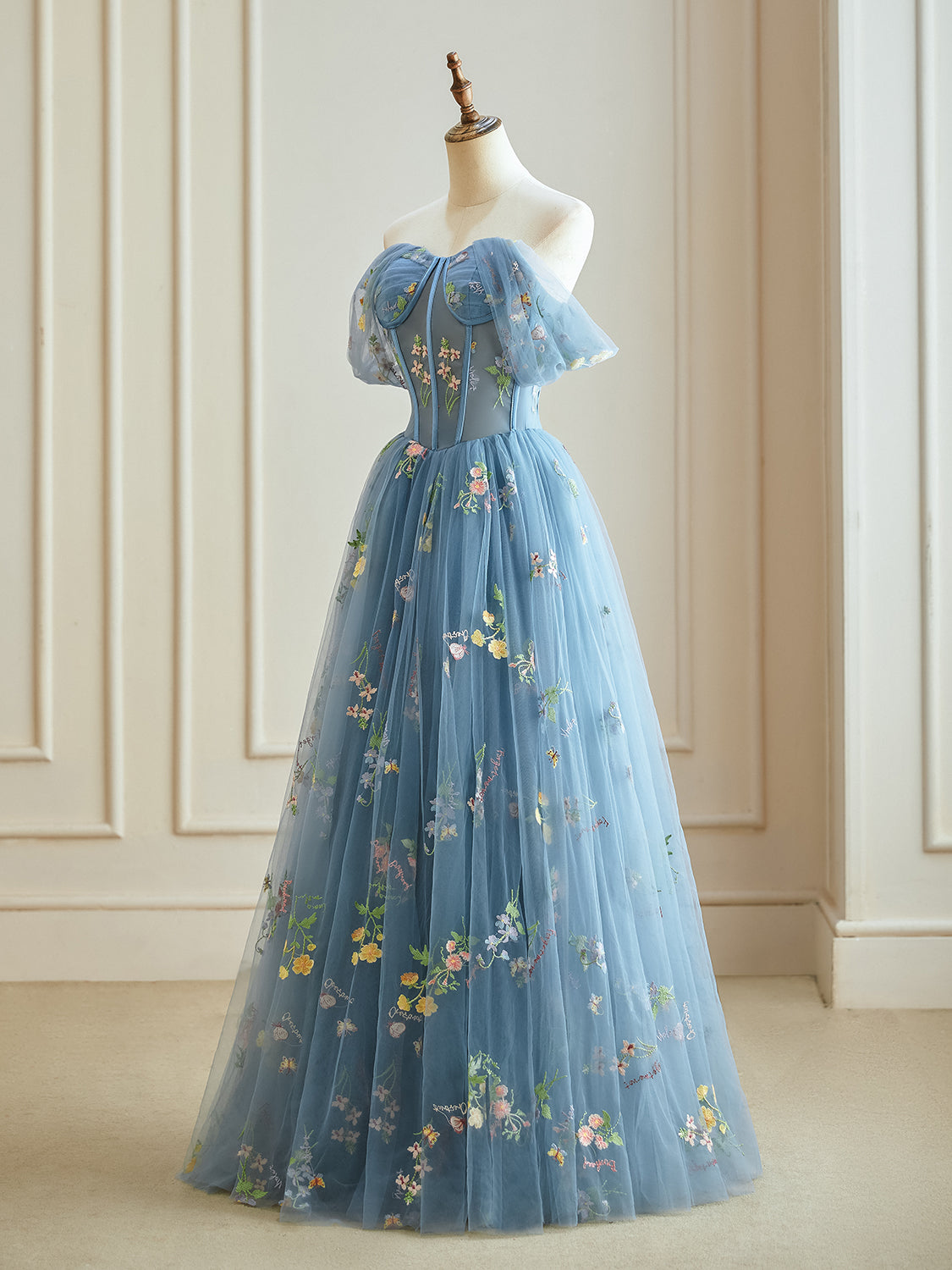 Blue A-Line Tulle Lace Long Prom Dress, Blue Lace Long Formal Dress