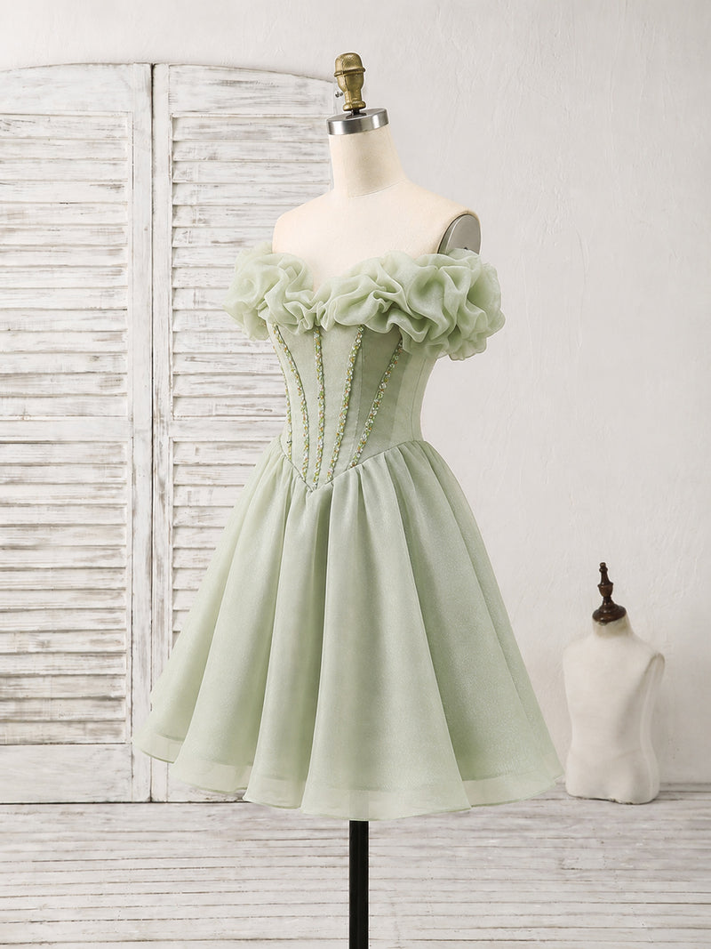 A-line Off Shoulder Short Green Prom Dress, Cute Homecoming Dress with Beads
