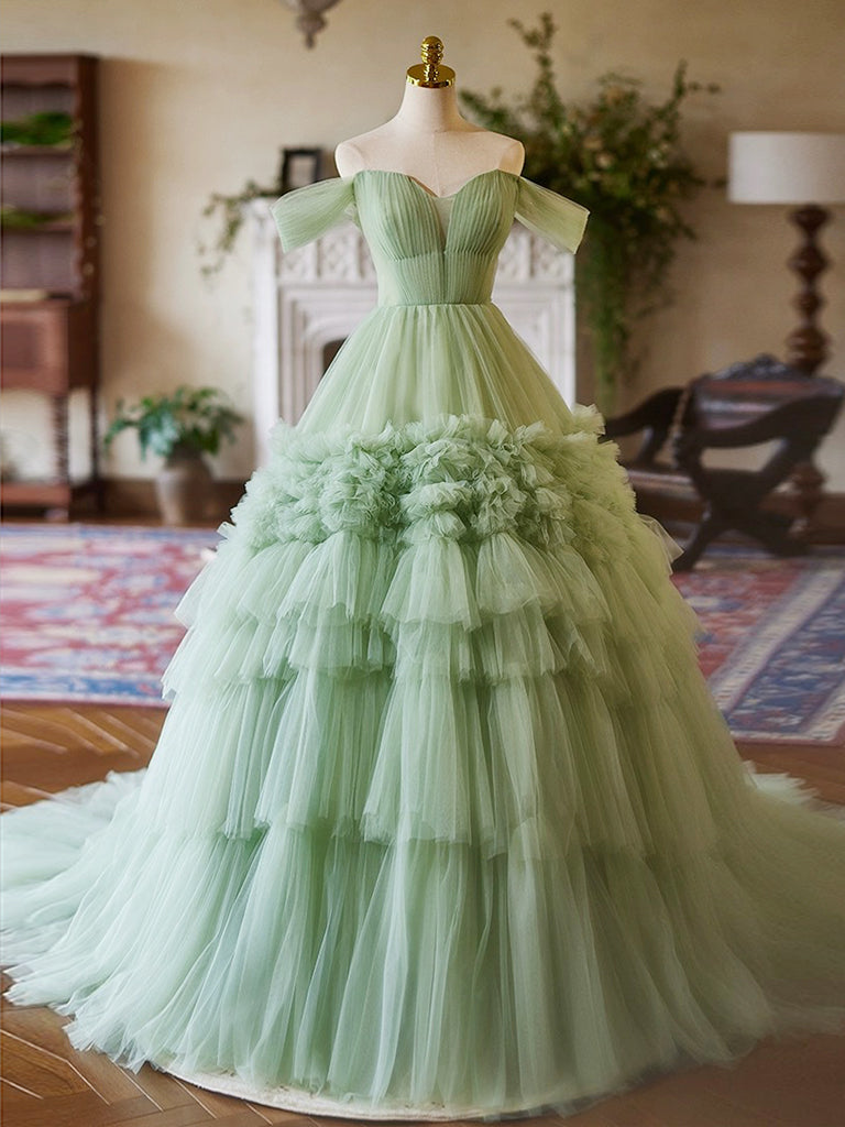A-Line Green Tulle Long Party Dress, Off the Shoulder Formal Evening Dress US 4 / Green A-Line Green Tulle Long Party Dress, Off the Shoulder Formal Evening Dress US 4 / Green