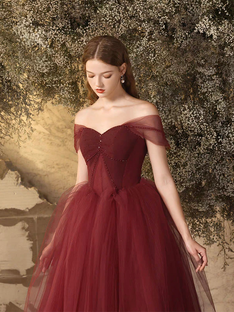 Burgundy Tulle Long A-Line Prom Dress, Off the Shoulder Evening Party Dress US 8 / Burgundy Burgundy Tulle Long A-Line Prom Dress, Off the Shoulder Evening Party Dress US 8 / Burgundy