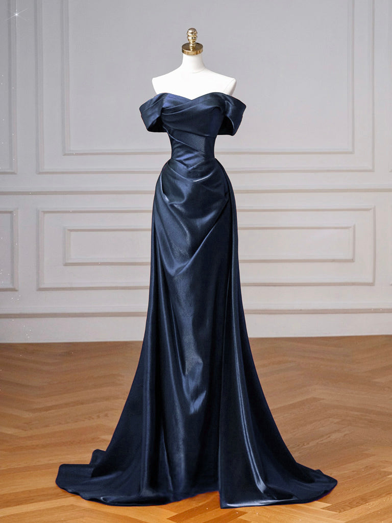 Simple Off Shoulder Satin Dark Blue Long Prom Dress, Dark Blue Long Formal Dress US 10 / Burgundy Simple Off Shoulder Satin Dark Blue Long Prom Dress, Dark Blue Long Formal Dress US 10 / Burgundy