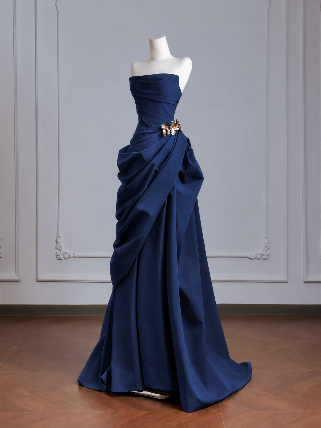 Elegant A-line Dark Blue Strapless Ruched A-Line Prom Dress with Draped Skirt
