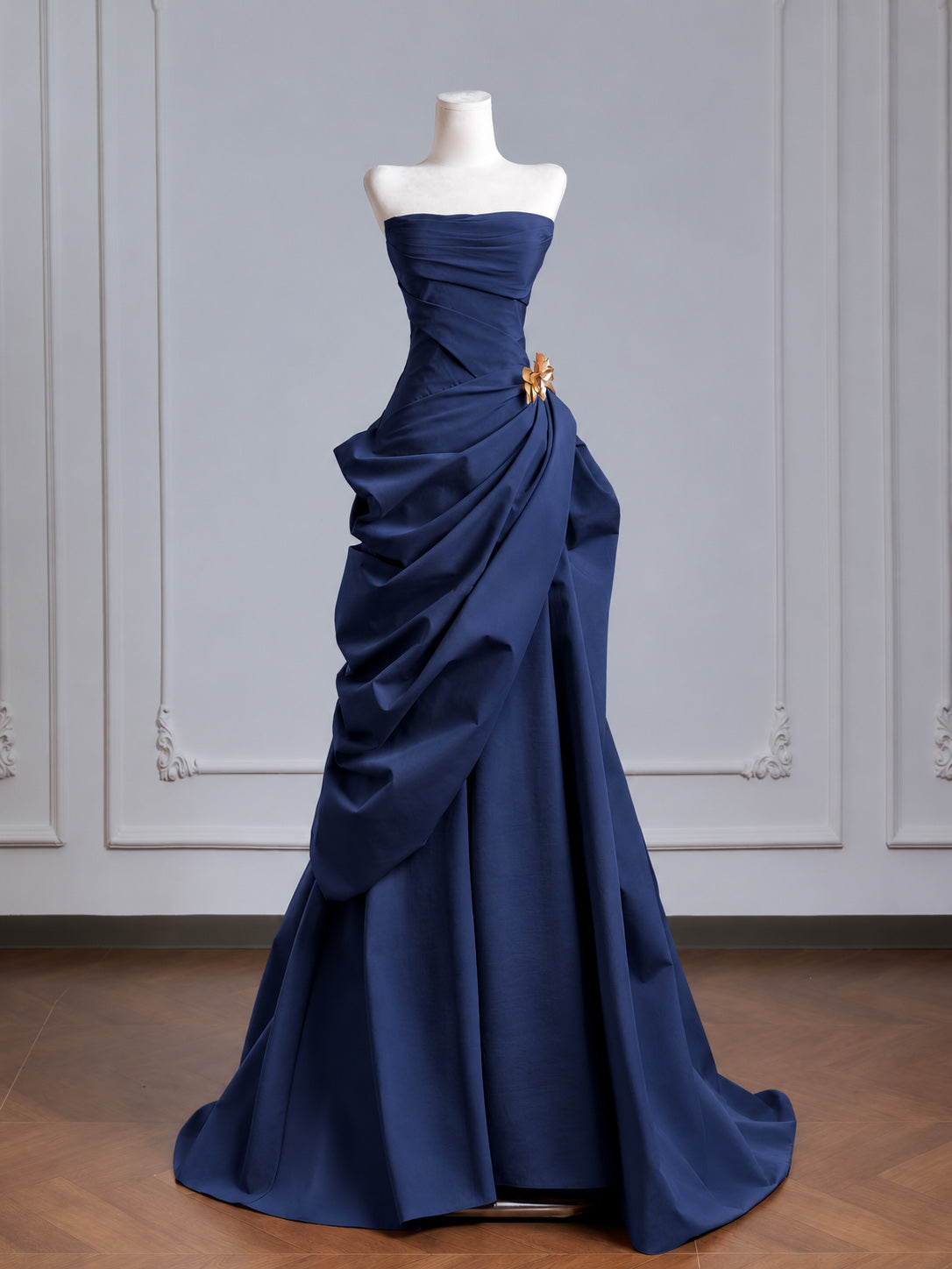 Elegant A-line Dark Blue Strapless Ruched A-Line Prom Dress with Draped Skirt