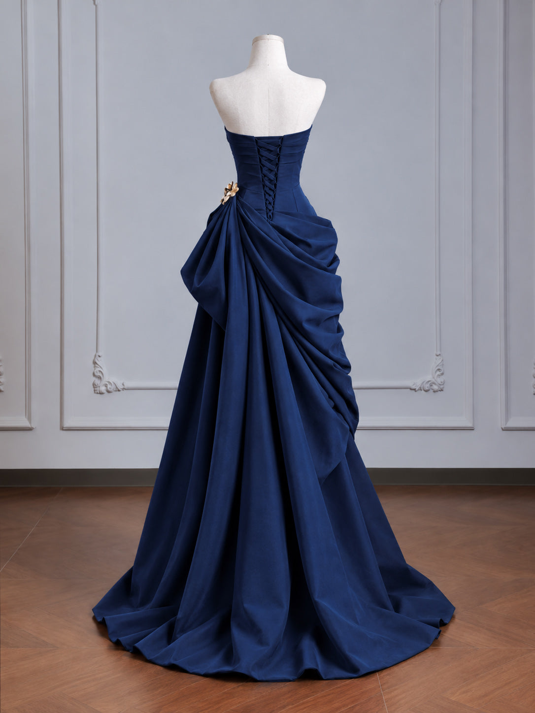 Elegant A-line Dark Blue Strapless Ruched A-Line Prom Dress with Draped Skirt