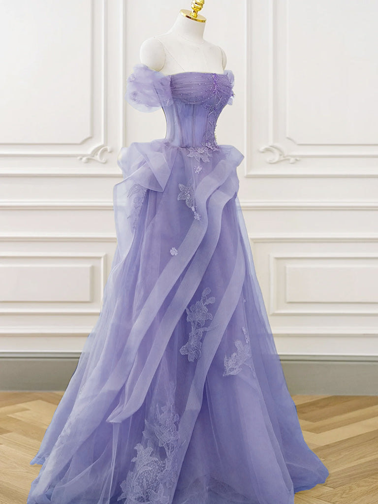 purple a line dresses Purple A-Line Tulle Lace Long Prom Dress, Purple Long Graduation Dress