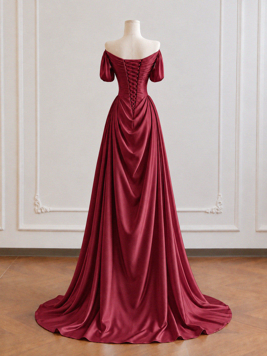 A-line Spoon Neck Off Shoulder Burgundy Long Prom Dress