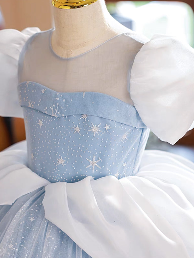 A-Line Puff Sleeves Tulle Lace Blue Long Flower Girl Dress