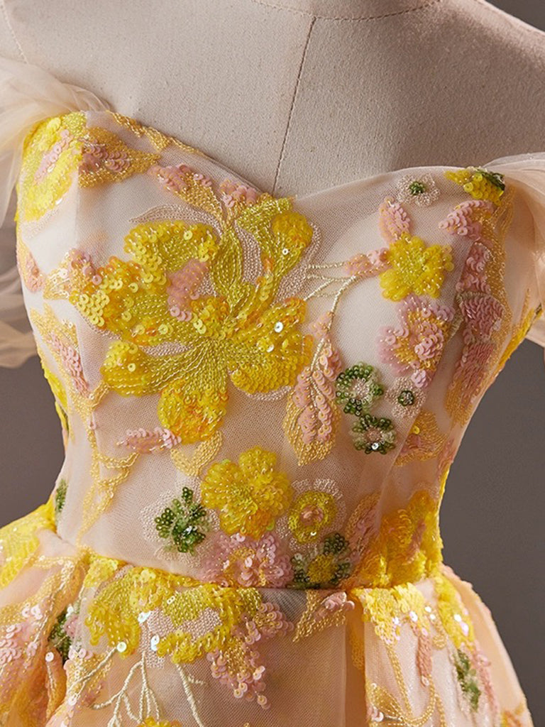 A-Line Off Shoulder Tulle Lace Short Yellow Prom Dress, Yellow Homecoming Dress