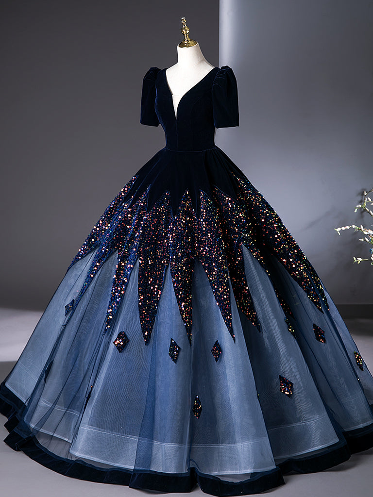 A-Line V Neck Velvet Tulle Dark Blue Long Prom Dress, Dark Blue Long Evening Dress Custom Size / Dark Blue A-Line V Neck Velvet Tulle Dark Blue Long Prom Dress, Dark Blue Long Evening Dress Custom Size / Dark Blue