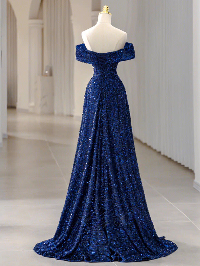 Blue Velvet Sequin Long Prom Dress, Blue Formal Dress shopluu Blue Velvet Sequin Long Prom Dress, Blue Formal Dress shopluu