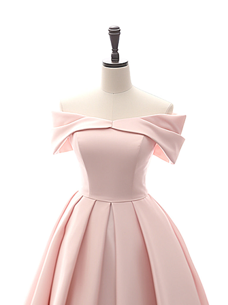A-Line Off Shoulder Satin Tea Length Pink Prom Dress, Pink Formal Dress