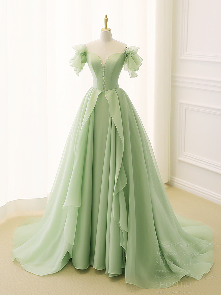 Sage Green Chiffon Prom Dress 2025 Ruffle Sleeves 10 / Custom Color Sage Green Chiffon Prom Dress 2025 Ruffle Sleeves 10 / Custom Color