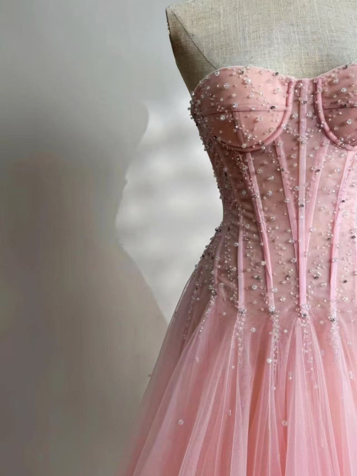 A-line Sweetheart Neck Tulle Sweep Train Pink Prom Dress with Beads
