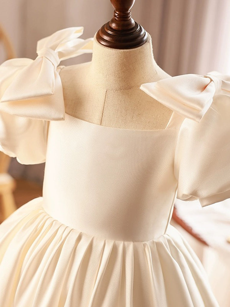 A-Line Puff Sleeves Satin Beige Flower Girl Dress 8 / Beige A-Line Puff Sleeves Satin Beige Flower Girl Dress 8 / Beige