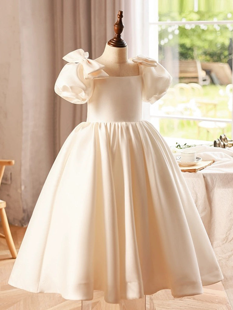 A-Line Puff Sleeves Satin Beige Flower Girl Dress – shopluu