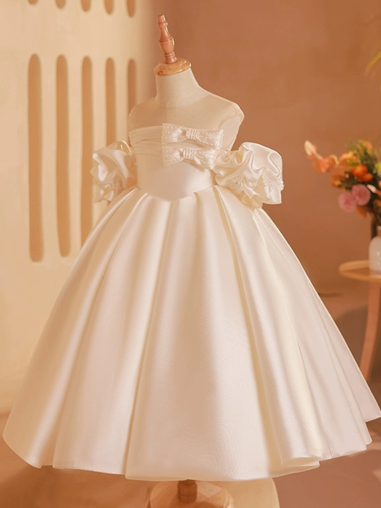 Cute Satin Beige Tea Length Flower Girl Dress