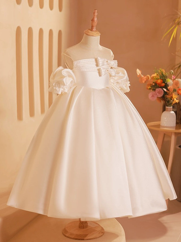 Cute Satin Beige Tea Length Flower Girl Dress