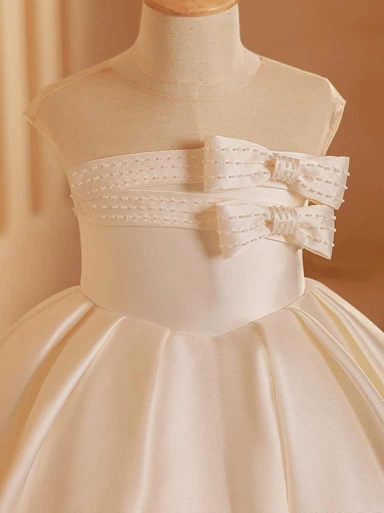 Cute Satin Beige Tea Length Flower Girl Dress