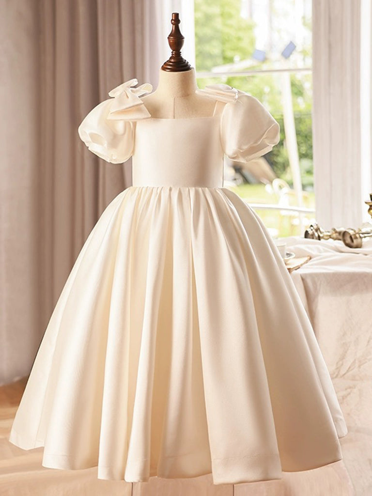 A-Line Puff Sleeves Satin Beige Flower Girl Dress 8 / Beige A-Line Puff Sleeves Satin Beige Flower Girl Dress 8 / Beige