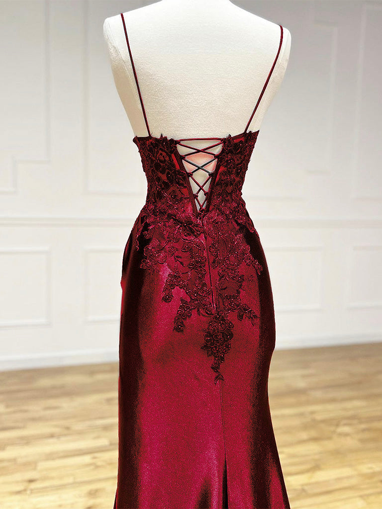 Burgundy V Neck Satin Lace Long Prom Dress, Burgundy Lace Long Evening Dress US 12 / Burgundy Burgundy V Neck Satin Lace Long Prom Dress, Burgundy Lace Long Evening Dress US 12 / Burgundy