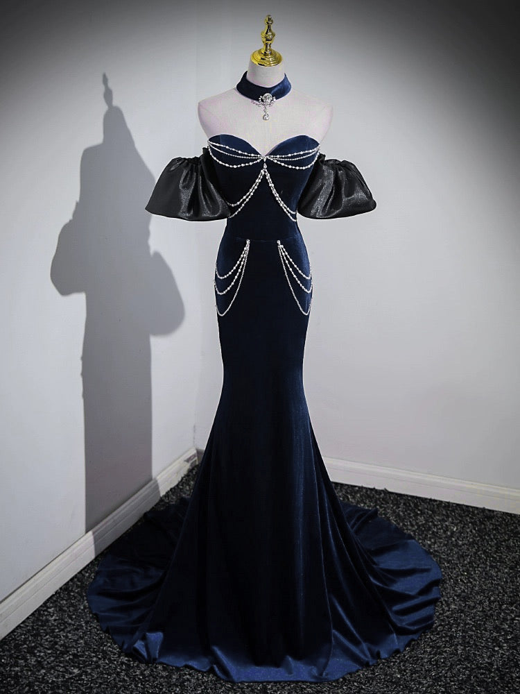 Trumpet/Mermaid Velvet Dark Blue Long Prom Dress with Beads US 16 / Dark Blue Trumpet/Mermaid Velvet Dark Blue Long Prom Dress with Beads US 16 / Dark Blue