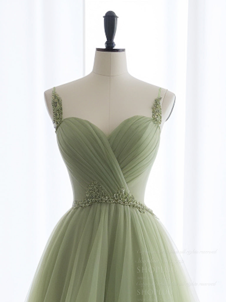A-Line Sweetheart Neck Tulle Green Long Prom Dress, Green Long Formal Dress