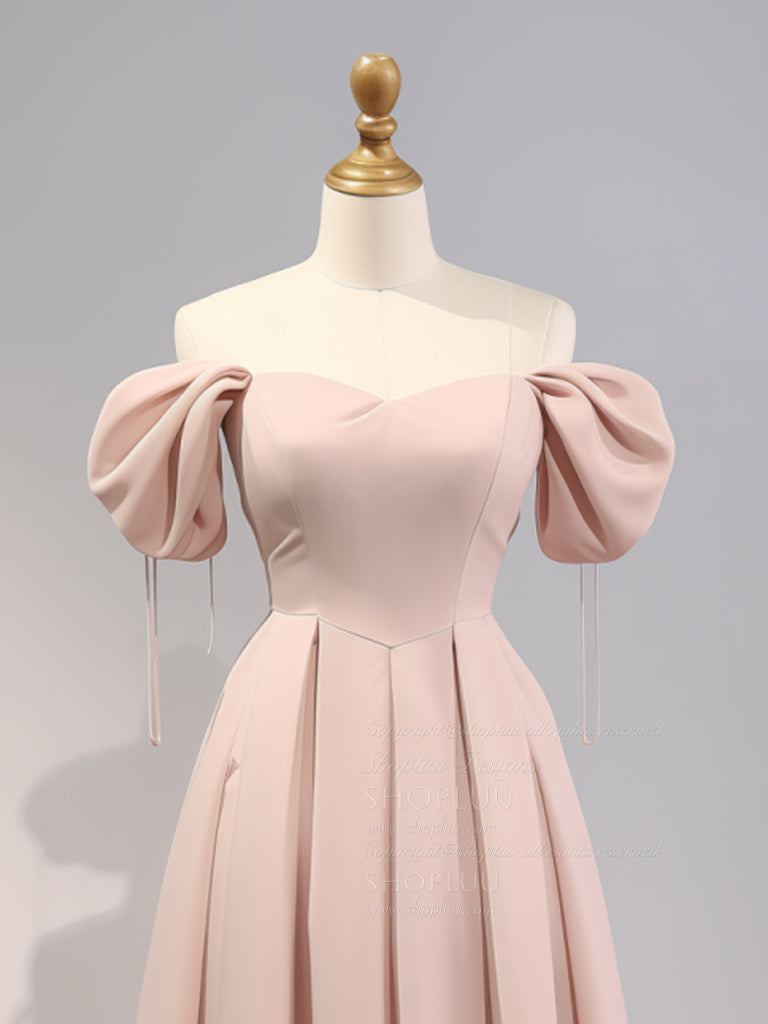 A-Line Puff Sleeves Satin Pink Long Prom Dress, Pink Long Bridesmaid Dress US 16 / Custom Color A-Line Puff Sleeves Satin Pink Long Prom Dress, Pink Long Bridesmaid Dress US 16 / Custom Color