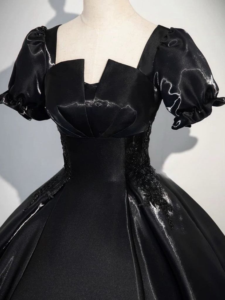 Black Satin Lace Long Prom Dress, Elegant A-Line Short Sleeve Evening Party Gown US 16 / Black Black Satin Lace Long Prom Dress, Elegant A-Line Short Sleeve Evening Party Gown US 16 / Black