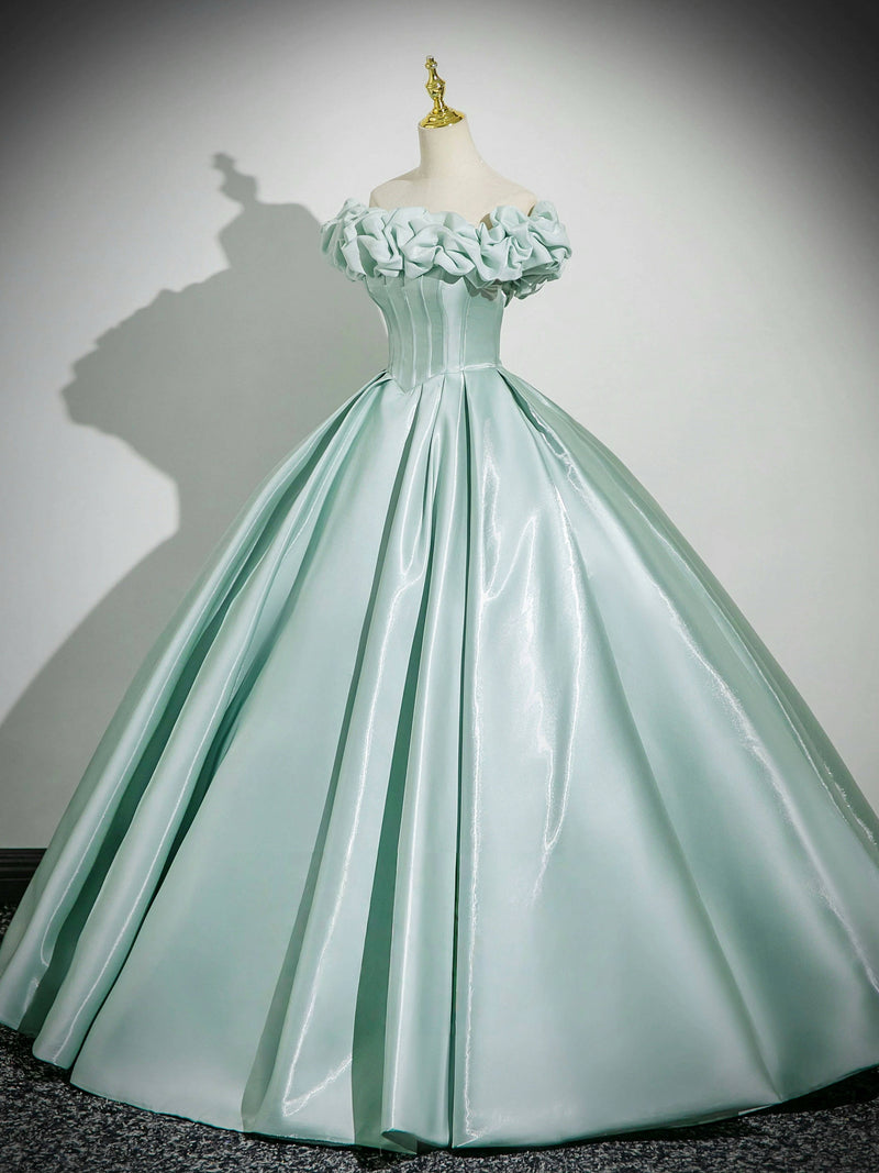 Green Satin Long Prom Dress, Beautiful Off the Shoulder Party Dress with Corset US 10 / Green Green Satin Long Prom Dress, Beautiful Off the Shoulder Party Dress with Corset US 10 / Green