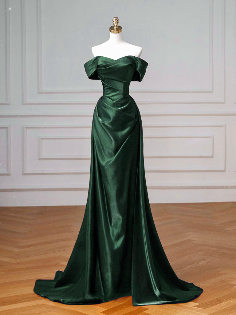 Simple Off Shoulder Satin Olive Green Long Prom Dress, Olive Green Long Formal Dress US 2 / Custom Color