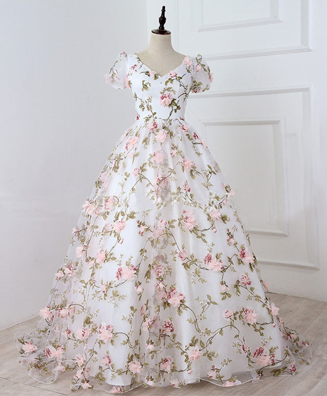 White V Neck 3D Flowers Long Prom Dress, White Evening Dress US 12 / White White V Neck 3D Flowers Long Prom Dress, White Evening Dress US 12 / White