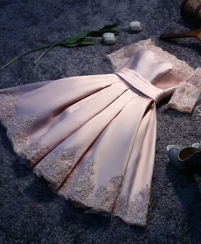 Pink A Line Satin Lace Short Prom Dress, Pink Homecoming Dress US 10 / Pink Pink A Line Satin Lace Short Prom Dress, Pink Homecoming Dress US 10 / Pink